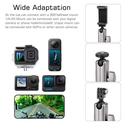 GEPULY Super Camera Clamp Mount for GoPro Insta360 - Aluminum Dual 360° Ball Head Magic Arm Adapters with 1/4''-20 Screw, Phone Tripod Holder Mount for Motorcycle Handlebar Fence Desk Tree Pole LED