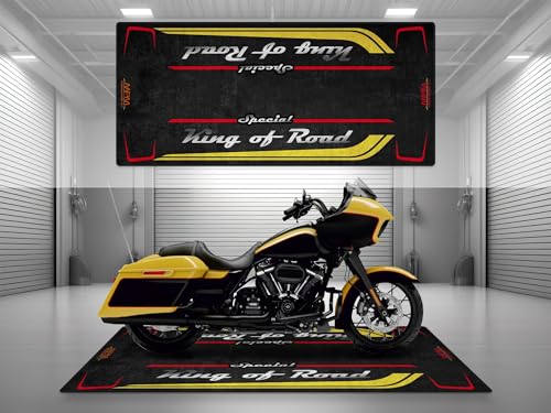 Garage Mat with Special King of Road for Cruiser and Custom Motorcycle, Motorcycle Mat, Washable Non-Slip Showroom Floor Carpet(Industrial Yellow, Size 1 : 86.6 x 39.4/220 x 100 cm) - color: Industrial Yellow, size: 3'3" x 7'3" (Oblong)