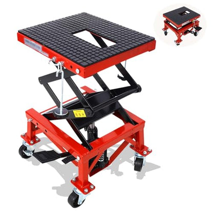 Hydraulic Motorcycle Lift Table, 350 lbs Capacity Scissor Jack Lift with Wide Deck, J-Hooks, 4 Wheels, Foot-Operated Jack Stand for ATV Dirt Bikes (Red) - color: Red