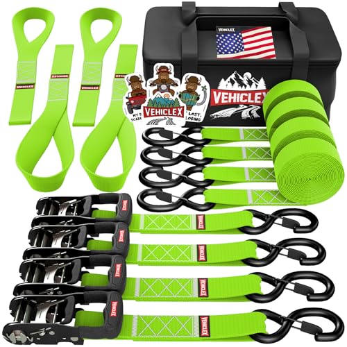 Vehiclex 1.5" x 15 ft 4,400 lb Heavy Duty Ratchet Tie Down Straps with Soft Loops – 4PK for Cargo & Equipment – Green - color: Lime Green, size: 15 ft - 4 Pack