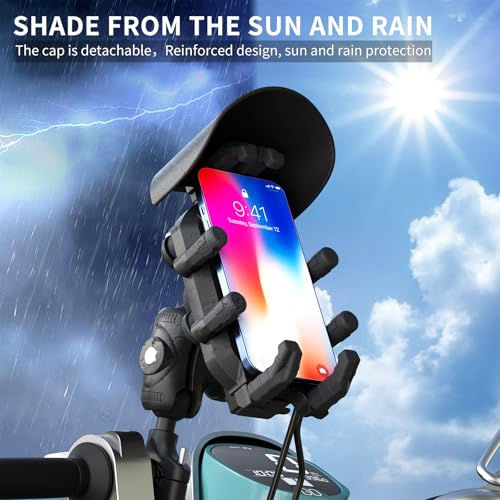 Motorcycle Phone Mount with 15W Wireless Charger & PD/USB-C USB Quick Charger Anti Vibration Theft Motorcycle Phone Holder with Sun Shade for Motorcycles
