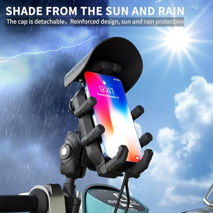 Motorcycle Phone Mount with 15W Wireless Charger & PD/USB-C USB Quick Charger Anti Vibration Theft Motorcycle Phone Holder with Sun Shade for Motorcycles