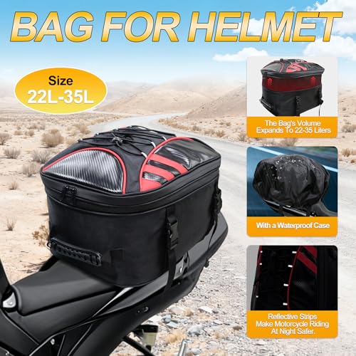 MDSTOP Motorcycle Tail Bag, Dual Use Seat Helmet Bag Backpack with Waterproof Rain Cover, 22L-34L Expandable Motorcycle Rear Seat Bag (Black+Red, M)