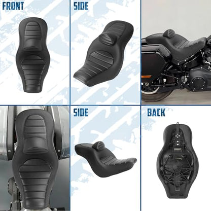 One-Piece Driver Passenger Seat Motorcycle 2-Up Seat with Driver Backrest Cushion Pad Compatible with Harley Softail Sport Glide FLSB Low Rider FXLR FXLRS FXLRST 2018-Later (Black Stripe Stitching) - style: Black Stripe Stitching with Backrest