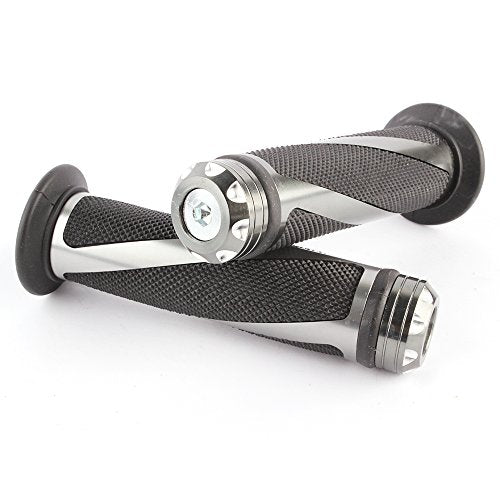 Pair of 7/8" 22mm Motorcycle CNC Aluminum Rubber Gel Hand Grips Handlebar for Sports Bike Chopper Cruiser Bike - color: Titanium with Bar End