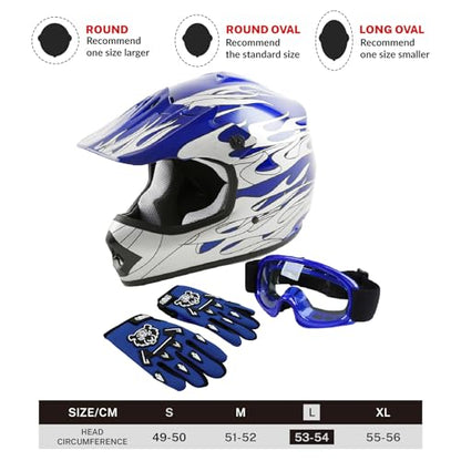 SLMOTO Youth ATV Helmet Blue Flame Dot Motocross Offroad Street Helmet Motorcycle Helmet Dirt Bike Motocross ATV Helmet+Goggles+Gloves,Large - color: Blue Frame, size: Large