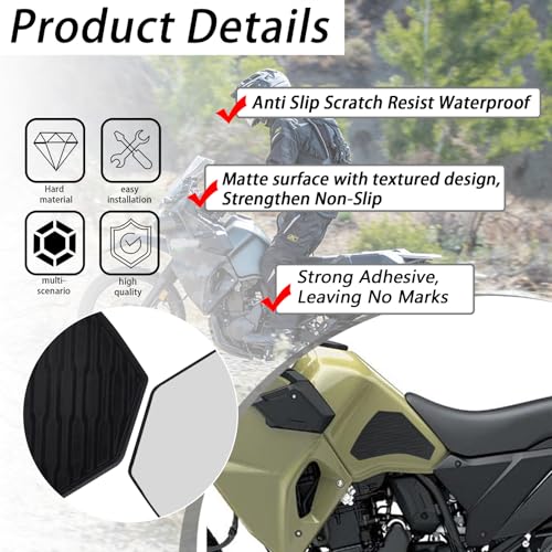 Motorcycle SideTank Pad, Gas Oil Fuel Tank Pad, Rubber Decal Tank Protector, Anti-Slip Scratch-Resistant Protector Sticker Compatible with Kawasaki KLR650 2022-2024