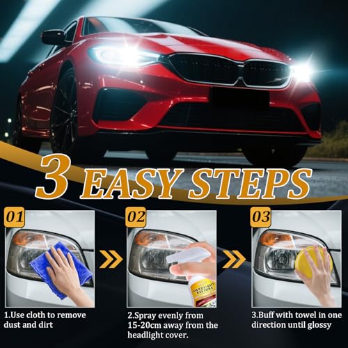 Headlight Cleaner Spray Headlight Restoration Kit for Yellowed, Foggy & Oxidized Headlights Instant Restoration Restores Crystal Clear Clarity Safe for Cars, Trucks, SUVs & Motorcycles