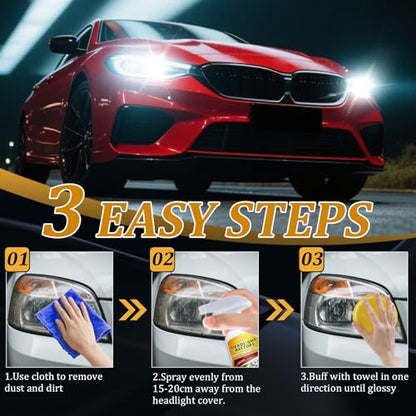 Headlight Cleaner Spray Headlight Restoration Kit for Yellowed, Foggy & Oxidized Headlights Instant Restoration Restores Crystal Clear Clarity Safe for Cars, Trucks, SUVs & Motorcycles