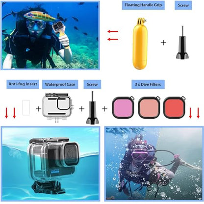 HONGDAK Action Camera Accessories Kit for GoPro Hero 13 12 11 10 9 Black, Waterproof Housing+Silicone Case+ Adjustable Arm+Head Chest Wrist Strap+Bike Mount+Suction Cup+Floating Grip Bundle Set 63in1 - color: 63 in 1