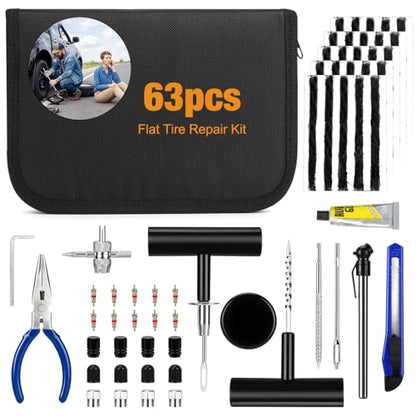63PCS Flat Tire Repair Kit, Tubeless Tire Repair Kit, Tire Plug Kit Heavy Duty Professional, Emergency Tire Fix Tool for Car, Motorcycle, ATV, Tractor, RV, Truck