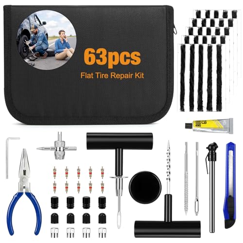 63PCS Flat Tire Repair Kit, Tubeless Tire Repair Kit, Tire Plug Kit Heavy Duty Professional, Emergency Tire Fix Tool for Car, Motorcycle, ATV, Tractor, RV, Truck