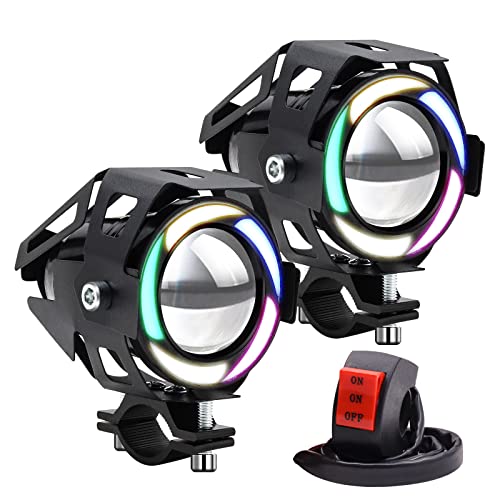Motorcycle Led Fog Lights Driving Spotlight with Colorful Angel Eyes Halo Ring, Motorcycle Auxiliary Lights with Switch for Motorbike Dirtbike Scooter ATV UTV 2PCS (Colorful) - color: Colorful