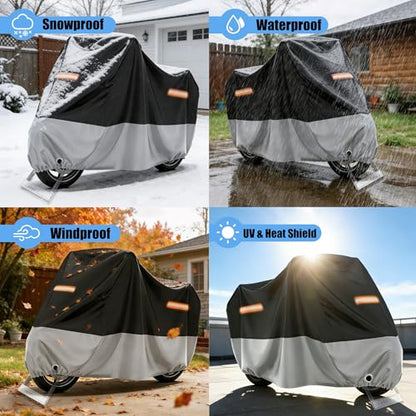 Motorcycle Cover Waterproof Outdoor,with Lock-Holes & Storage Bag,All Season Weather Sun Rain Protection Windproof Elastic Hem Night Reflective Design (104" Lx41 Wx50 H) - size: 104"Lx41"Wx50"H