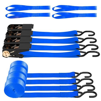 AWELCRAFT Ratchet Straps 4 Pack,1 Inch x 15 Feet Tie Down Ratcheting Strap,1500lb Breaking Strength with S-Hook,4X Soft Loops for Moving Appliances,Lawn Equipment,Truck,Motorcycle(Blue) - color: Blue