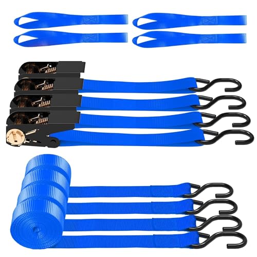 AWELCRAFT Ratchet Straps 4 Pack,1 Inch x 15 Feet Tie Down Ratcheting Strap,1500lb Breaking Strength with S-Hook,4X Soft Loops for Moving Appliances,Lawn Equipment,Truck,Motorcycle(Blue) - color: Blue