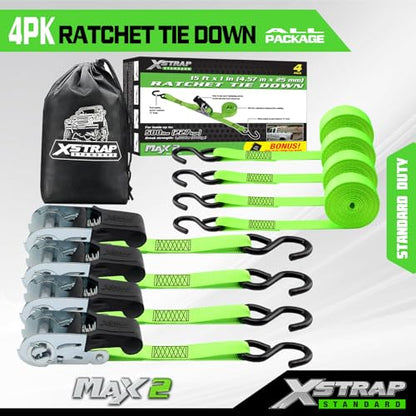 XSTRAP STANDARD 4 Pack 1" x 15Ft Ratchet Tie Down Straps - 500Lbs Load Cap, 1500Lb Break Strength, Heavy Duty Cargo Straps for Moving Appliances, Lawn Equipment & Motorcycle, Green - style: 4pk 1inchx15ft 1500lbs green