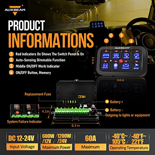 Auxbeam 8 Gang Switch Panel BA80 Automatic Dimmable LED Touch Control Panel Box Electronic Relay System Car Touch Switch Box Universal for Truck ATV UTV Boat Marine SUV Caravan -Blue, 3 Years Warranty - size: 8 Gang (Single-Sided Output), style: Blue (Wit