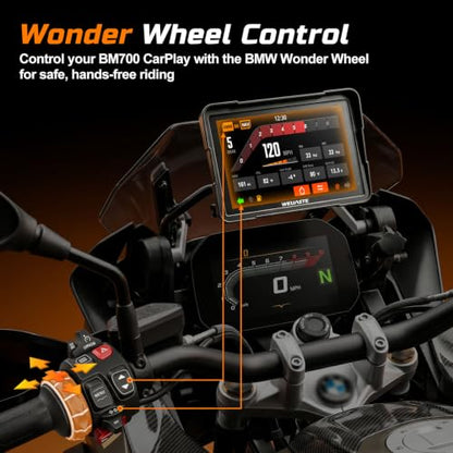 7" Motorcycle CarPlay Fit for BMW with Wonder Wheel Control, Android Auto/iOS, GPS Navigation System, IP69K Waterproof Touchscreen, 1200Nit, Plug-and-Play, Bluetooth, Light Sensor, TPMS, Siri