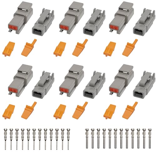 Deutsch DTM Grey 2 Pin Connectors 6 Sets, Waterproof Electrical Wire Connector with Stamped Contacts and Seal Plug for Truck, Off-Road Vehicles, Construction, Agriculture, Marine, Motorcycle Wiring - size: 2Pin-6 Set