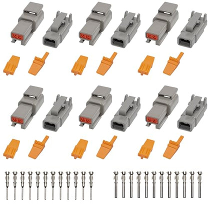 Deutsch DTM Grey 2 Pin Connectors 6 Sets, Waterproof Electrical Wire Connector with Stamped Contacts and Seal Plug for Truck, Off-Road Vehicles, Construction, Agriculture, Marine, Motorcycle Wiring - size: 2Pin-6 Set