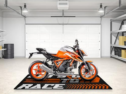 MPM Motorcycle Mat for KTM Let's Go to Race Washable Non-Slip Oil & Water Resistant Parking Pit Mat for Garage, Showroom, Workshop Use | Size 1: 86.6 x 39.4/220 x 100 cm - size: Size 1: 86.6 x 39.4 "/ 220 x 100 cm