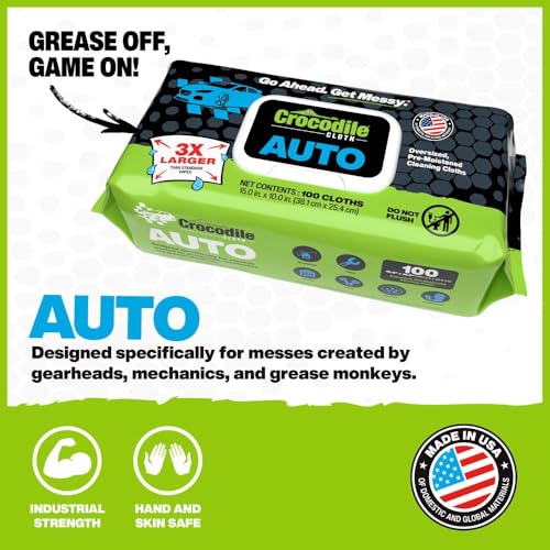 Crocodile Cloth Auto Cleaning Wipes – 100 XL (15" x 10") Disposable Wipes for Car Engine Degreasing, Body Detailing & Tire Cleaning – Cuts Grease, Oil, Adhesives on Hands, Tools, Parts & More - size: 100 Count (Pack of 1)