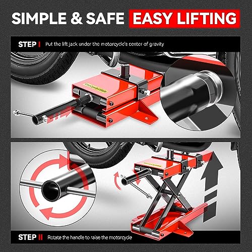 Auto Dynasty Motorcycle Lift Jack, 1100LBS Capacity Steel ATV Scissor Lift Jack Stand Hoist with Saddle and Safety Pins for Motorcycles, Bicycles, ATVs, UTVs, Dirt Bikes - size: 1100 LBS