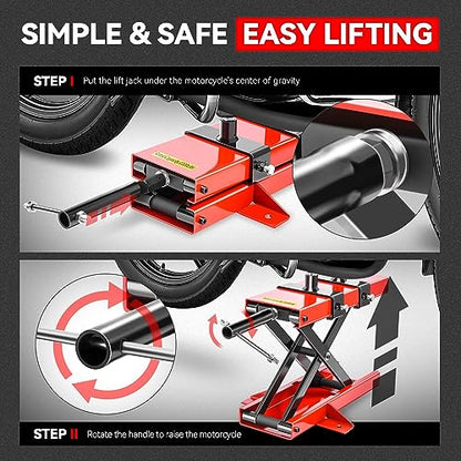Auto Dynasty Motorcycle Lift Jack, 1100LBS Capacity Steel ATV Scissor Lift Jack Stand Hoist with Saddle and Safety Pins for Motorcycles, Bicycles, ATVs, UTVs, Dirt Bikes - size: 1100 LBS