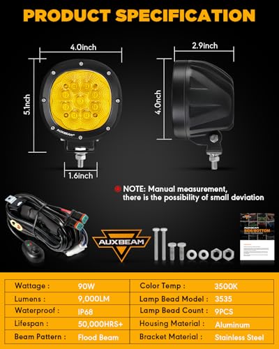 Auxbeam 4 Inch Amber Round LED Driving Light, 2PCS 90W 9000LM Yellow Fog Pods Light Bar Off-Road Flood Work Energy-Efficient Lights with DT Plug Wiring Harness Kit for Truck Jeep Pickup ATV UTV SUV - color: P4 Series-Amber Flood Beam