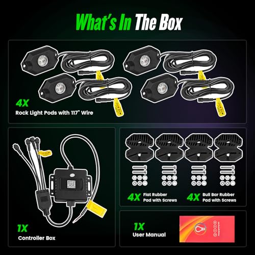 4 Pods RGB LED Rock Lights Kit, Underglow Multicolor Neon Light Pod with Bluetooth App Control, IP68 Waterproof High Brightness Dynamic Music Mode Wheel Well Light for Truck ATV UTV RZR SUV Golf Cart