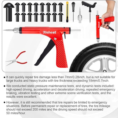 Richcat Tubeless Tire Puncture Repair Kit with Mushroom Plug, Repairs punctures and Flat Tires for Motorcycles, Cars, Trucks, ATVs,Gun Puncture Repair Kit - size: 16 Mushroom Plug Kit