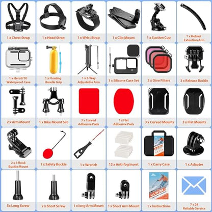HONGDAK Action Camera Accessories Kit for GoPro Hero 13 12 11 10 9 Black, Waterproof Housing+Silicone Case+ Adjustable Arm+Head Chest Wrist Strap+Bike Mount+Suction Cup+Floating Grip Bundle Set 63in1 - color: 63 in 1