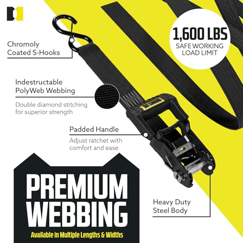 DC Cargo Mall Ratchet Straps Tie Downs 4 Pack (5,000 LB Break Strength) 1.5" x 8 Feet Tie Down Straps with Safety Lock S Hooks for Cargo, Trucks, Appliances, Moving - size: 1.5" x 8'