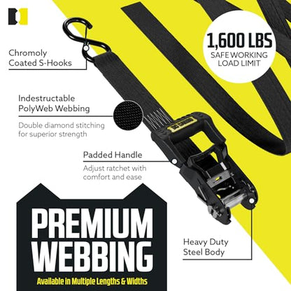 DC Cargo Mall Ratchet Straps Tie Downs 4 Pack (5,000 LB Break Strength) 1.5" x 8 Feet Tie Down Straps with Safety Lock S Hooks for Cargo, Trucks, Appliances, Moving - size: 1.5" x 8'