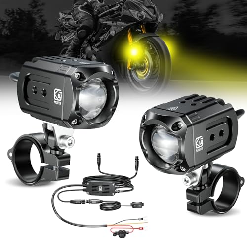 Kewig Motorcycle Auxiliary LED Light Kit Driving Spotlights White/Amber Fog Light with Mount Brackets Wire Harness Waterproof 60W Offroad Work Lights Compatible with Motorcycle J-eep Car Truck (Black) - color: Black