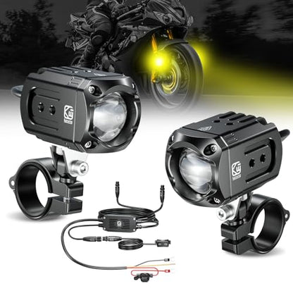 Kewig Motorcycle Auxiliary LED Light Kit Driving Spotlights White/Amber Fog Light with Mount Brackets Wire Harness Waterproof 60W Offroad Work Lights Compatible with Motorcycle J-eep Car Truck (Black) - color: Black