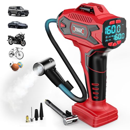 DIYtoolifz 160PSI Cordless Tire Inflator Air Compressor Compatible with Milwauke 18V Battery, Portable Air Pump with Digital Pressure Gauge, Fast Inflation for Cars Motorcycles Bikes Balls (Tool Only) - color: Red- Compatible With Milwaukee 18v(baretool),