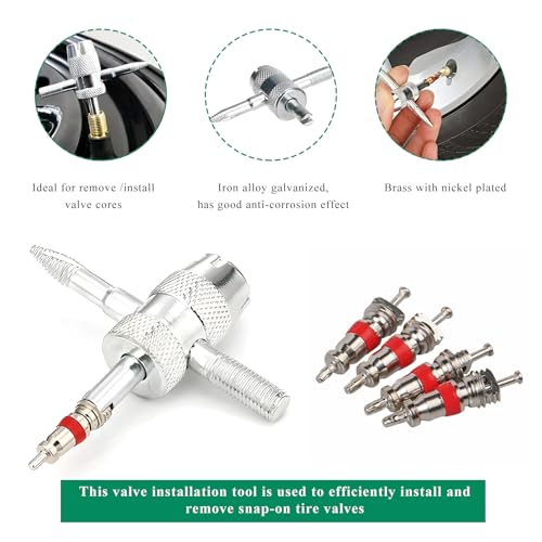 4-Way Tire Valve Tool, 4-in-1 Automobile Valve Core Remover Installer Tire Stem Puller, 4 Way Multifunctional Tyre Stem Core Wrench Repair Tool for Car Motorcycle Bicycle