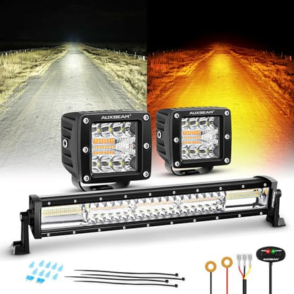 Auxbeam 6 Modes Amber White Series, 22" LED Light Bar with 3" LED Pods Combo Set, Dual Color Flashing Strobe Offroad Lights, Spot Flood Combo Cube Off Road Fog Lights, 3 Packs - color: 3" & 22" Combo