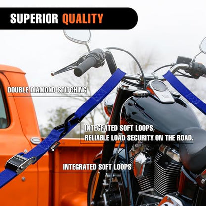 2PK 1.5" x 8FT Motorcycle Tie Down Straps, 3,000lb Break Strength, Heavy Duty Cambuckle, Safety S-Hooks & Soft Loops for Dirt Bike, ATV, UTV, Boat, and Kayak, Durable and Easy to Use, Blue - color: Blue