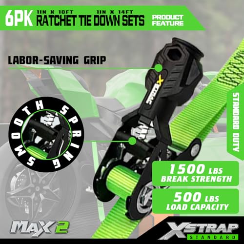 XSTRAP STANDARD 6-PK Ratchet Tie Down Straps, Heavy Duty Motorcycle Straps | 1 Inch 4 x 14ft & 2 x 10ft Tie-down, 3300 lbs Break Strength Cargo Straps with Coated S-Hooks for Moving, Truck, UTV, Trailer