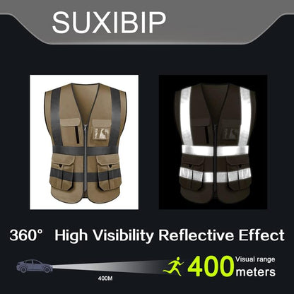 High visibility reflective safety vest multi pockets Hi-vis vest workwear safety waistcoat with reflective strips - color: Brown, size: Small