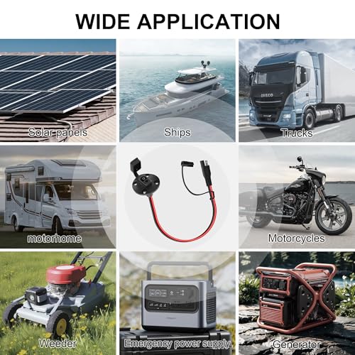 SAE Connector Power Socket Sidewall Port, Weatherproof 12AWG 1FT SAE Quick Connector Harness Extension Cable for Solar Panel, Battery Tender Leads, Generator & Automotive Chassis