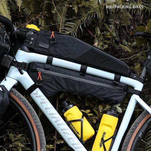 Rhinowalk BHD0017 Bike Frame Triangle Bag 2.4L, Waterproof Tool Storage Bag with YKK Zippers, Pump Holder & Cable Port Slim Fit – Black - color: Full Black,2.4L
