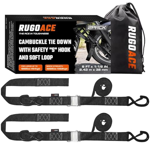2PK 1.5" x 8FT Motorcycle Tie Down Straps, 3,000lb Break Strength, Heavy Duty Cambuckle, Safety S-Hooks & Soft Loops for Dirt Bike, ATV, UTV, Boat, and Kayak, Durable and Easy to Use, Black - color: Black