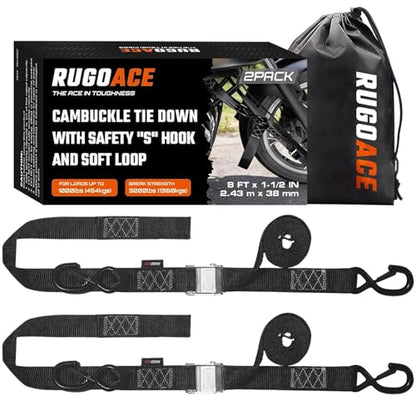 2PK 1.5" x 8FT Motorcycle Tie Down Straps, 3,000lb Break Strength, Heavy Duty Cambuckle, Safety S-Hooks & Soft Loops for Dirt Bike, ATV, UTV, Boat, and Kayak, Durable and Easy to Use, Black - color: Black
