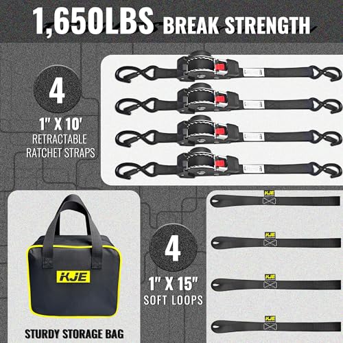 KJE Retractable Ratchet Straps, (4) 1" x 10' Tie Down Strap + (4) Soft Loop - Heavy Duty 1,650lb Max Break Strength, S-Hook with Clip, Self Retracting Ratchet Strap for Motorcycle, Kayak, ATVs, Boats