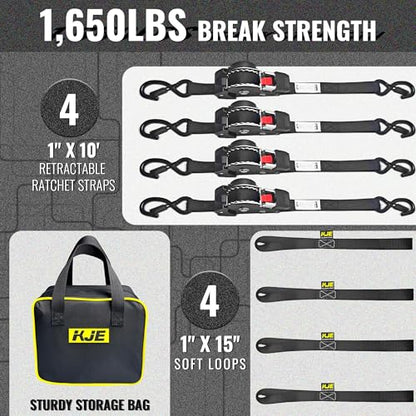 KJE Retractable Ratchet Straps, (4) 1" x 10' Tie Down Strap + (4) Soft Loop - Heavy Duty 1,650lb Max Break Strength, S-Hook with Clip, Self Retracting Ratchet Strap for Motorcycle, Kayak, ATVs, Boats