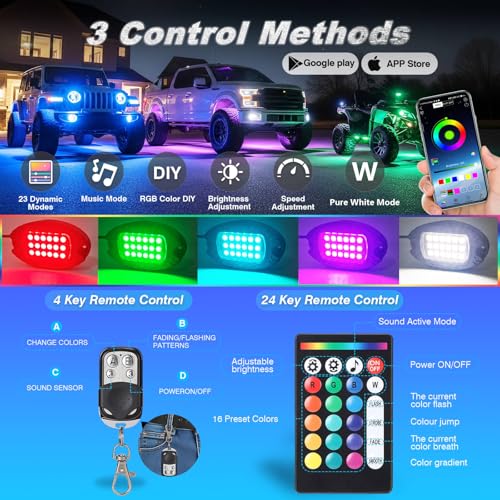 8Pods Heavy Duty Aluminum RGBW LED Rock Lights Kit for Jeep Trucks UTV ATV Golf Cart RZR SXS 4Wheeler Off-Road Vehicles, APP & RF Remote, Plug & Play Pre-Wired, Waterproof 12V Underglow Accent Light - color: RGBW 18LEDs, size: 8Pods